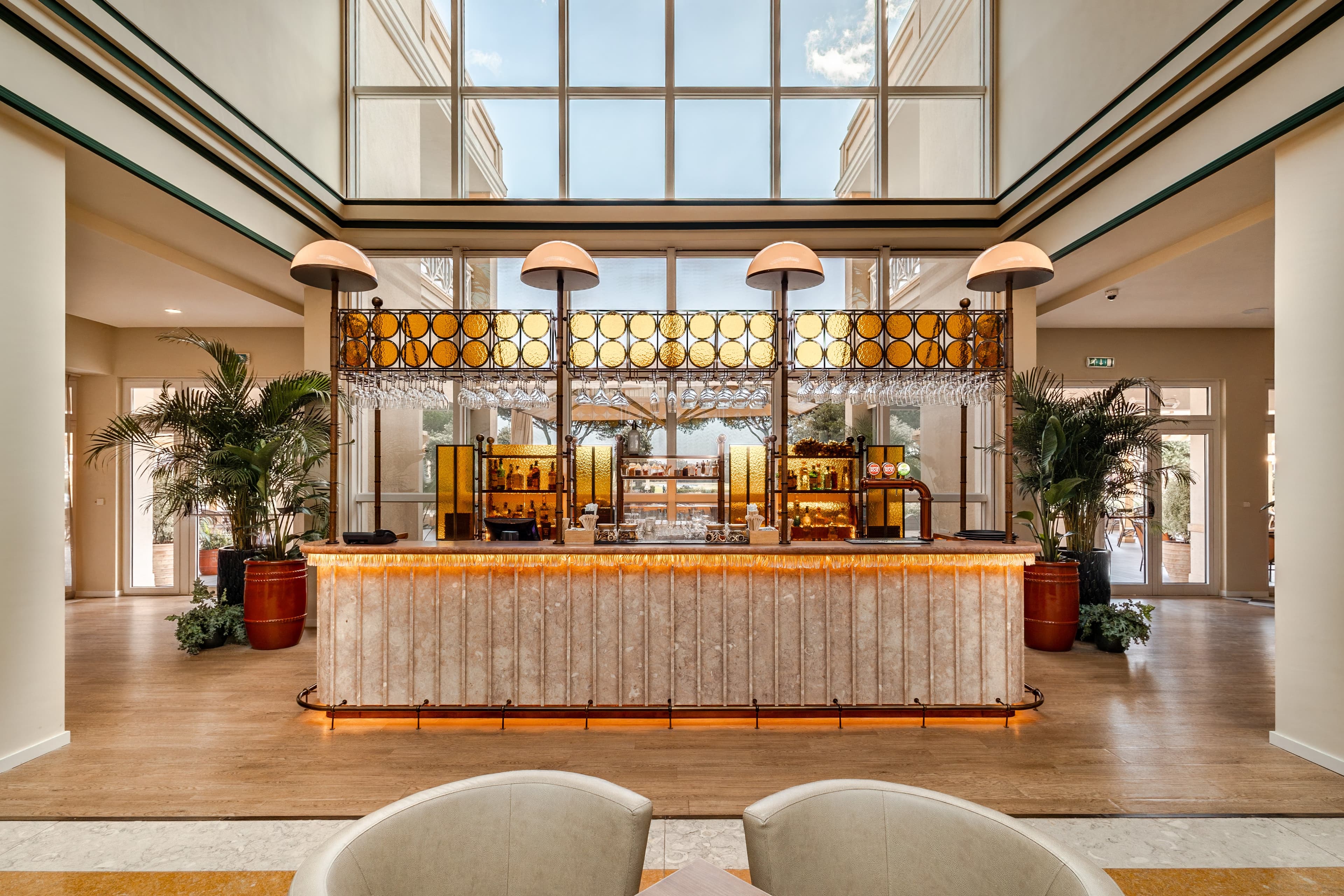 Vibrant hotel bar with signature cocktails