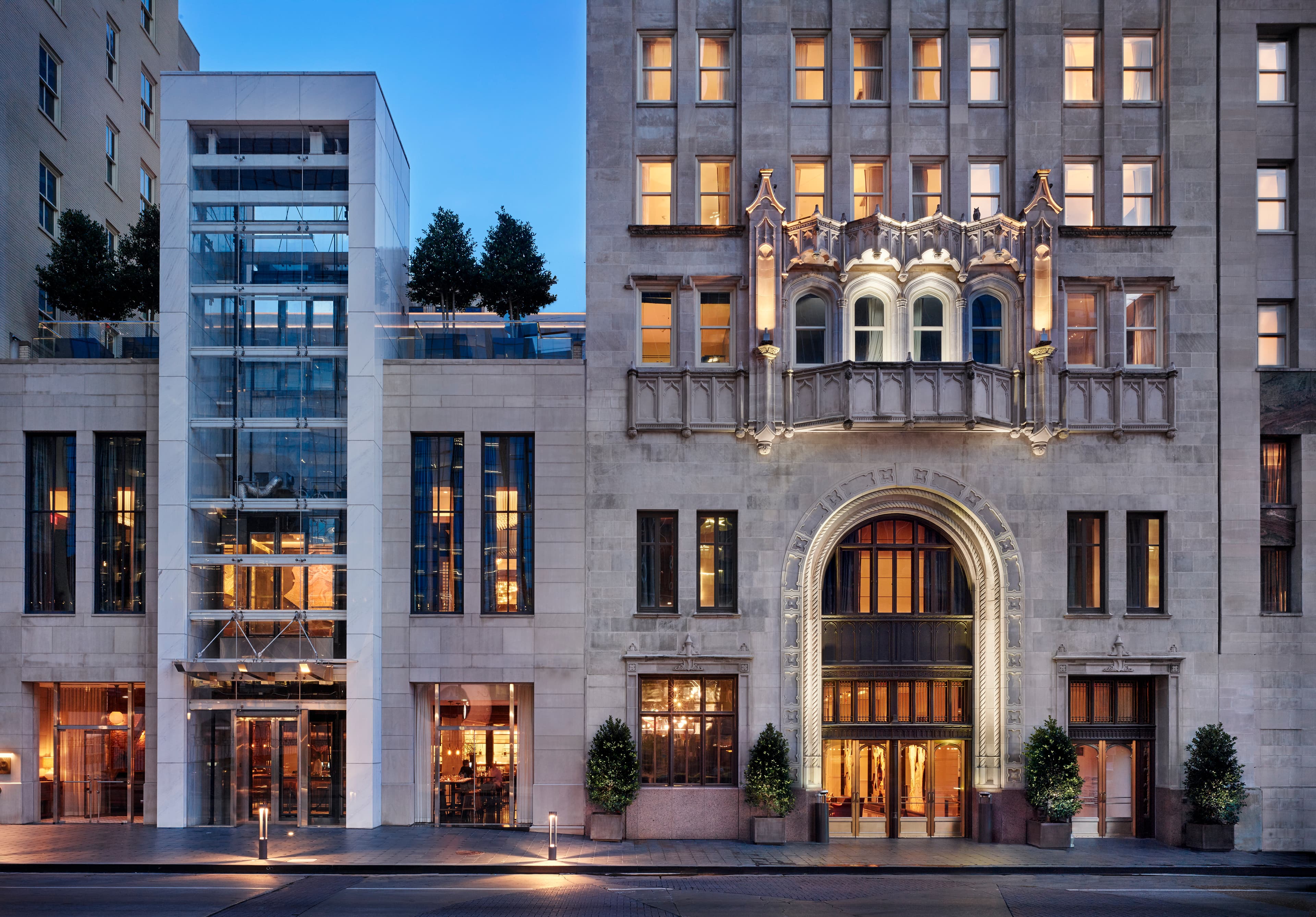 The Joule exterior captured at dusk from Main Street